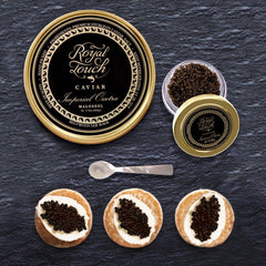 IMPERIAL OSETRA MALOSSOL CAVIAR GOLD TIN SEALED 17.6 OZ 500 GM + FRENCH BLINIS + MOTHER OF PEARL SPOON + 1 OZ JAR OF CAVIAR FREE