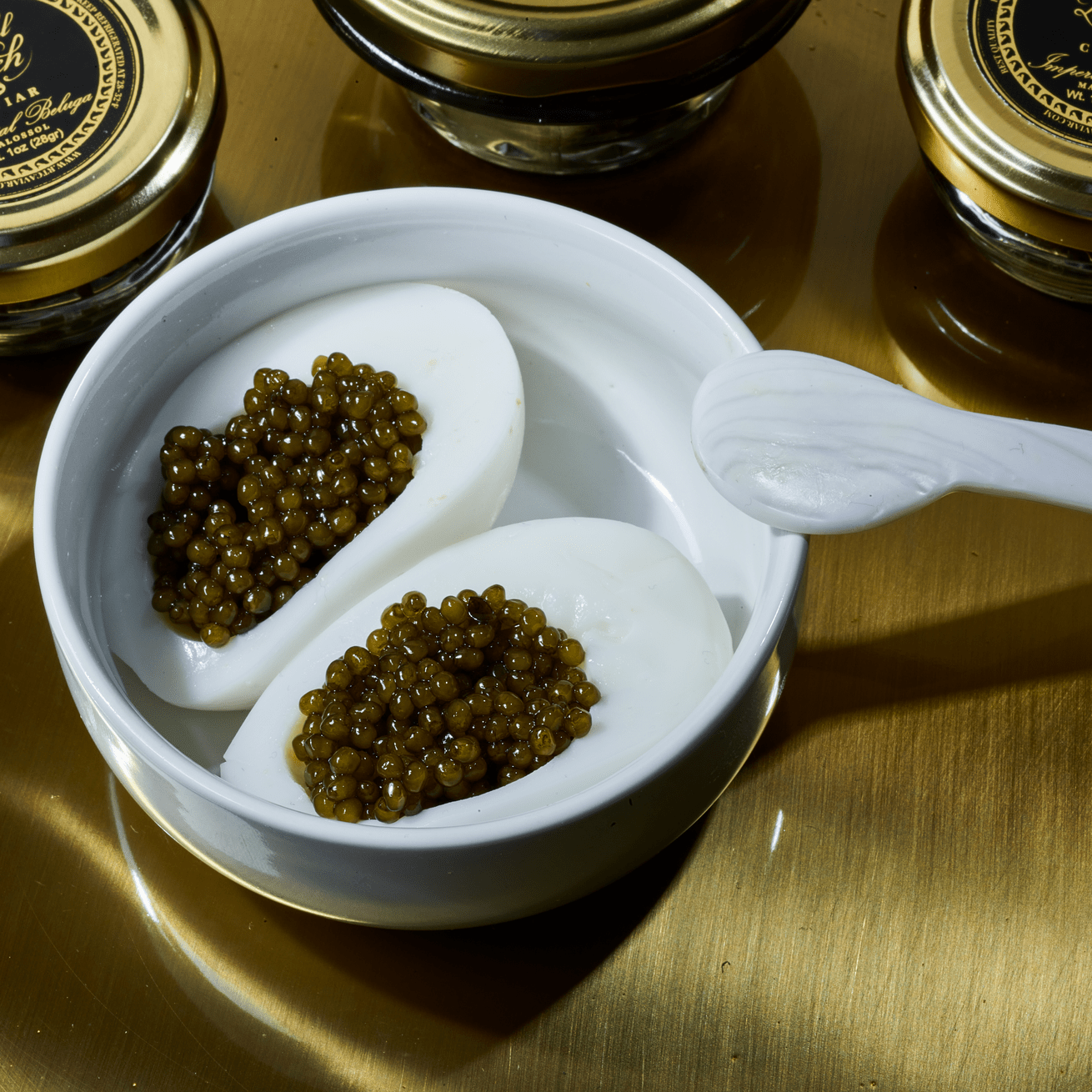 Imperial Beluga Gold Caviar Glass Jar 2 oz and Mother of Pearl Spoon free - Royal Touch Caviar