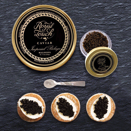 Imperial Beluga Gold Caviar Gold Tin Sealed 17.6 oz 500 gm + French Blinis + Mother of Pearl Spoon + 1 oz jar of caviar free - Royal Touch Caviar