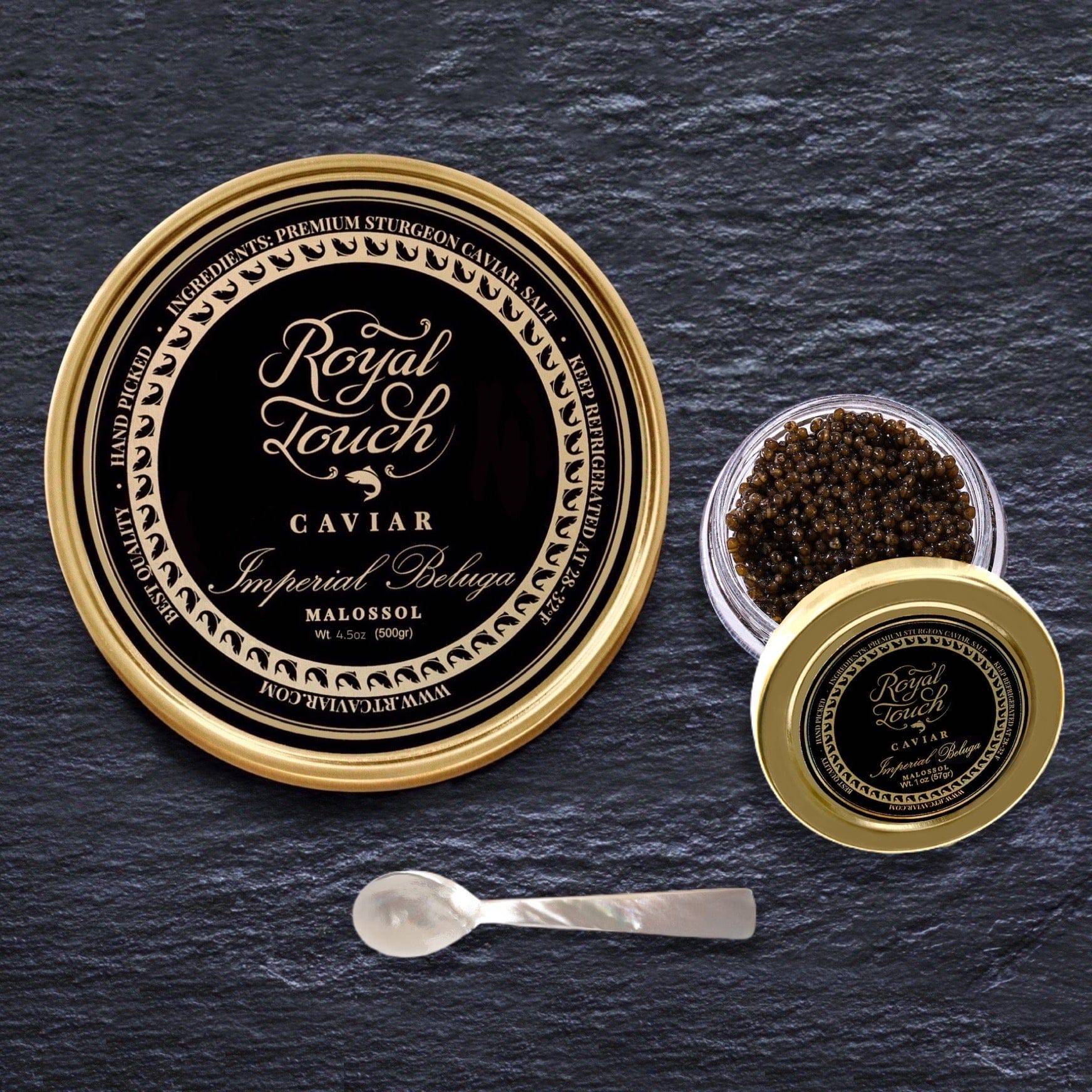 Золотая икра белуги Imperial Beluga Gold Caviar Gold Tin Sealed 4,5 унции 125 гм + перламутровая ложка + 1 унция банка икры бесплатно - Royal Touch Caviar