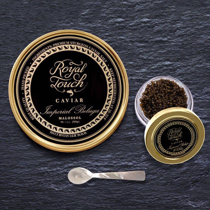 Золотая икра белуги Imperial Beluga Gold Caviar Gold Tin Sealed 4,5 унции 125 гм + перламутровая ложка + 1 унция банка икры бесплатно - Royal Touch Caviar