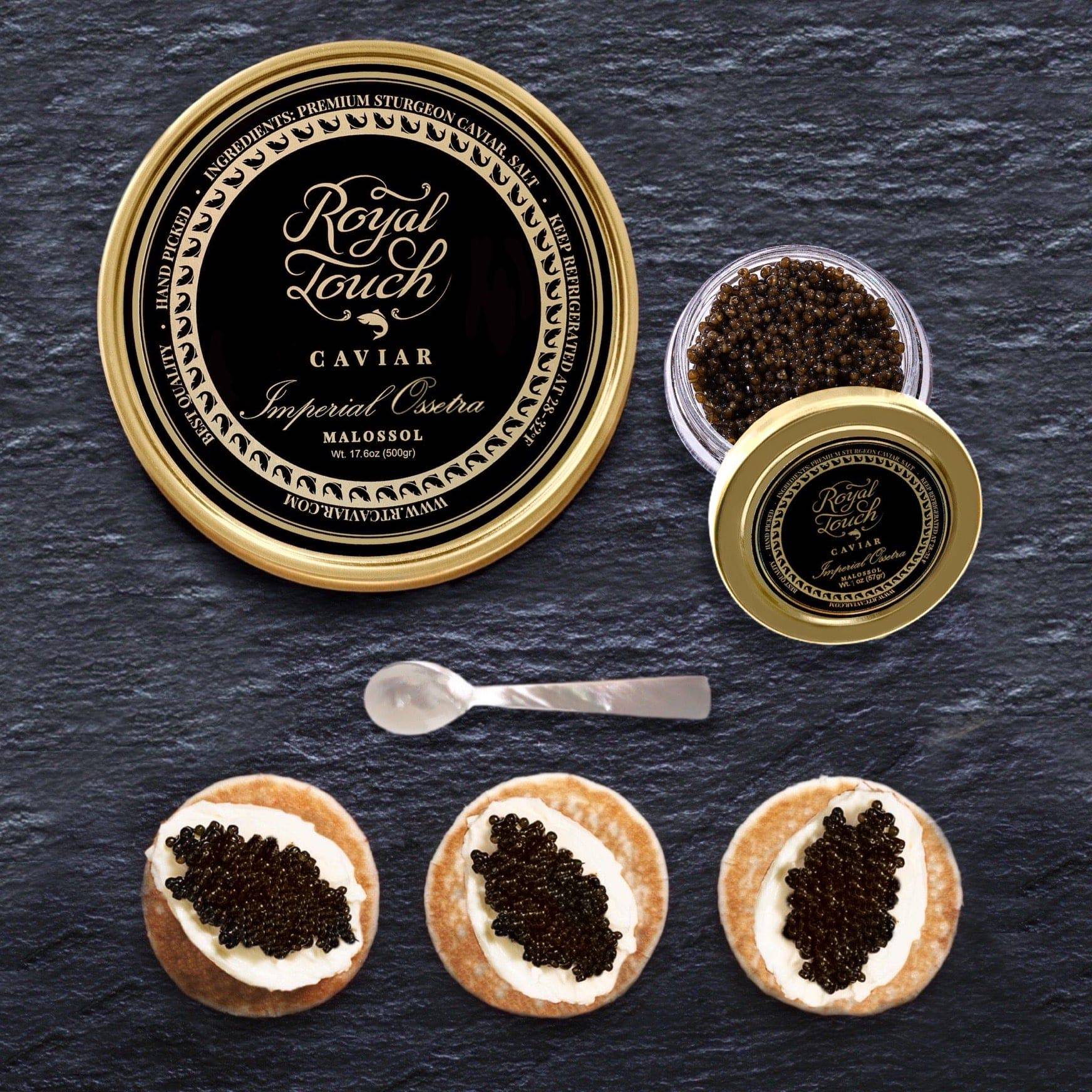 IMPERIAL OSETRA MALOSSOL CAVIAR GOLD TIN SEALED 17.6 OZ 500 GM + FRENCH BLINIS + MOTHER OF PEARL SPOON + 1 OZ JAR OF CAVIAR FREE
