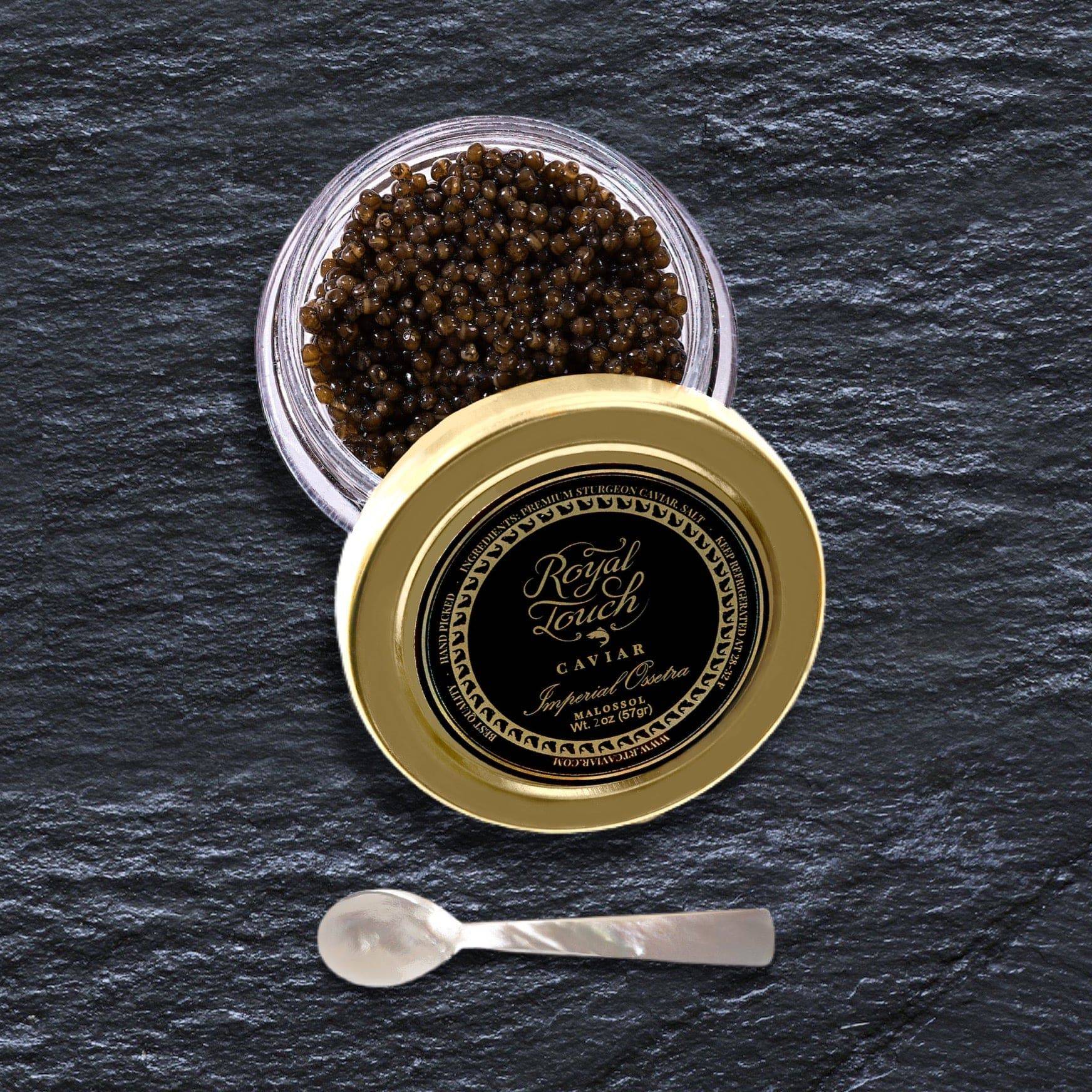 Imperial Osetra Malossol Caviar Glass Jar 2 oz and Mother of Pearl Spoon free - Royal Touch Caviar