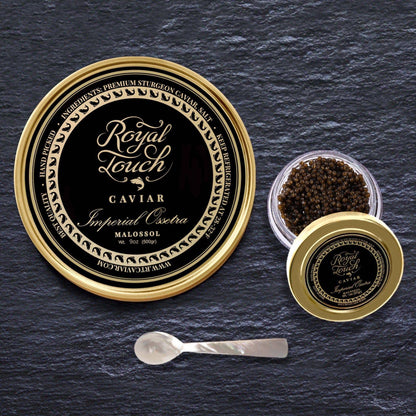 Imperial Osetra Malossol Caviar Tin Sealed 9 oz 250 gm + a Mother of Pearl Spoon + 1 oz jar of caviar free - Royal Touch Caviar